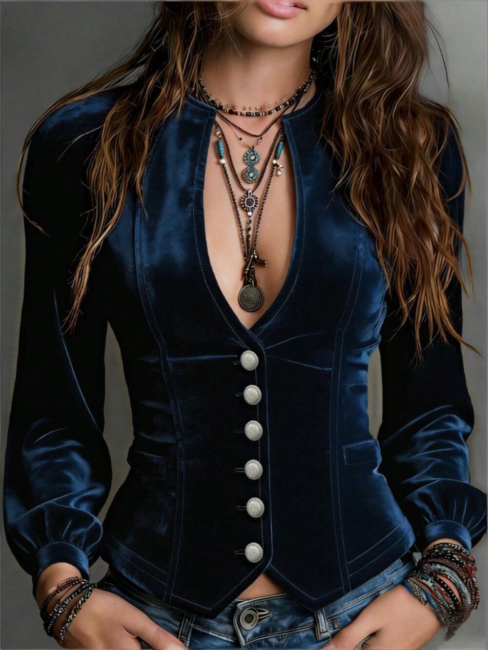 Blue Elegant Women's Notched V-Neck Regular Slim Fit Button Blouse